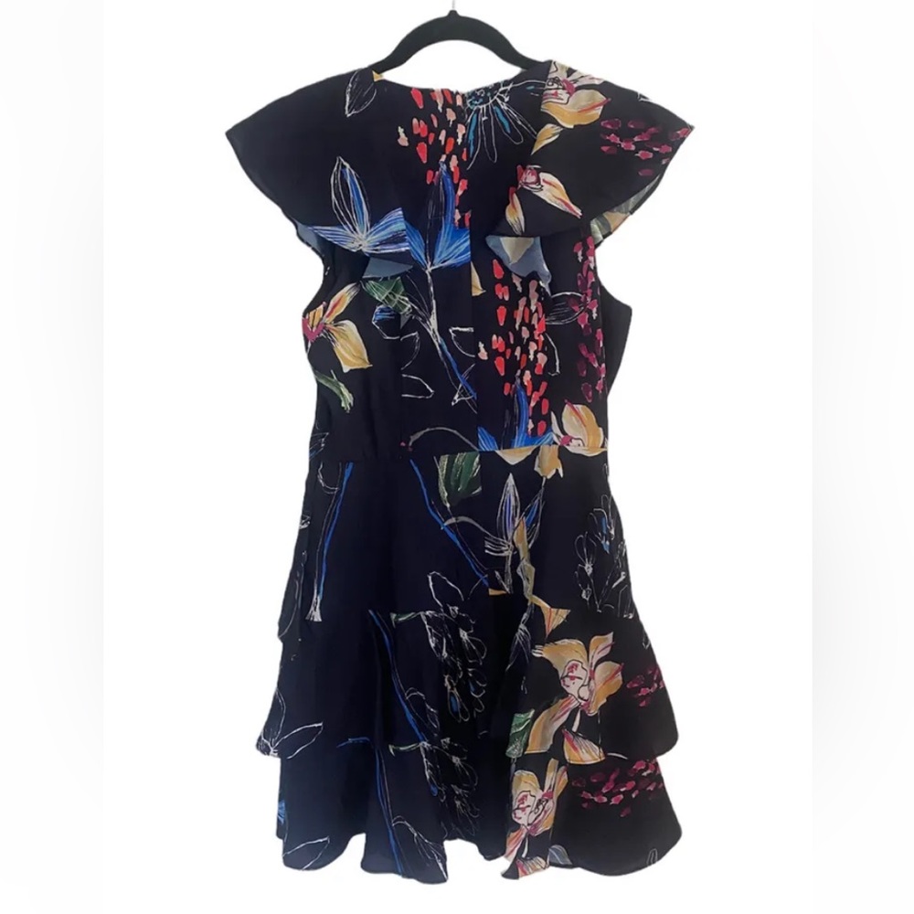Parker Floral Navy Blue Flounce A-Line Dress Deep V-Neck